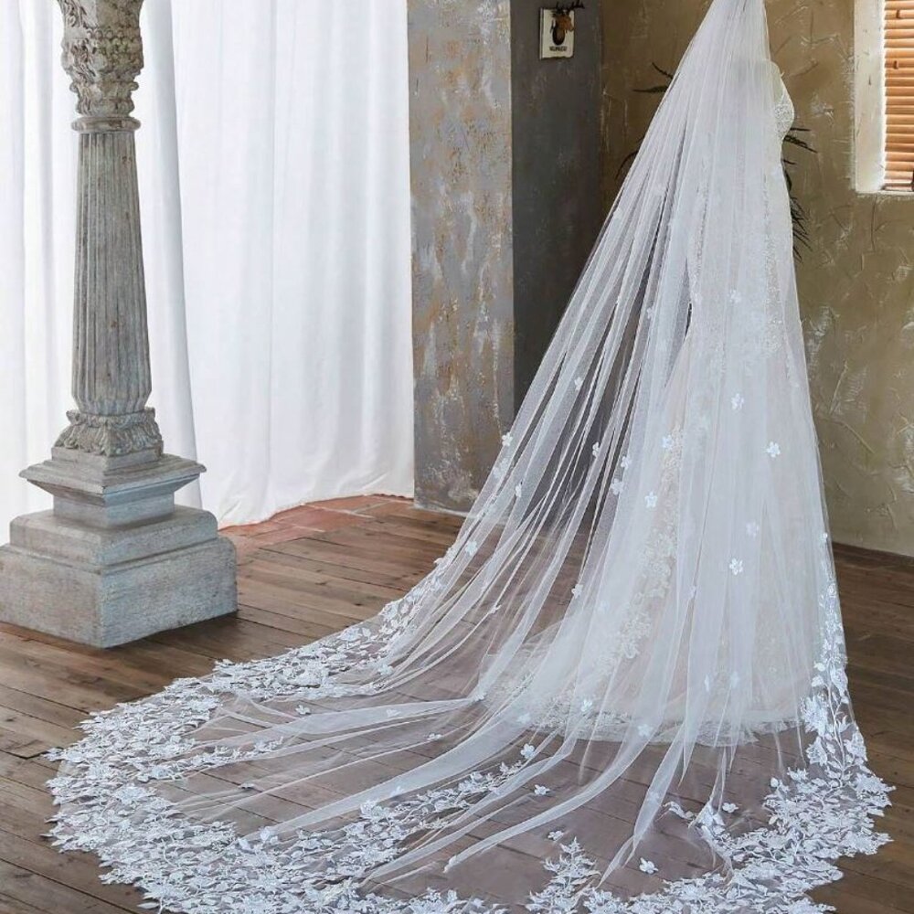 Bridal Lace & Pearl Long Train White Veil, Single Layer Tulle Headpiece